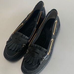 Sperry Black Nubuck Kiltie Penny Loafers with Black sequin and Gold Detail 9.5